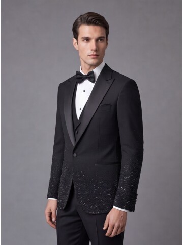 Black Single-Button Peak-Lapel Grooms Suit with Embellishments