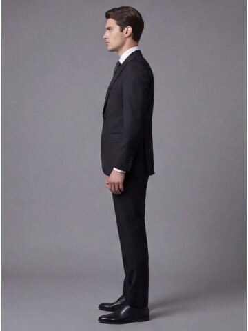 Siyah Yünlü Mono Yaka Comfort Fit Takım Elbise