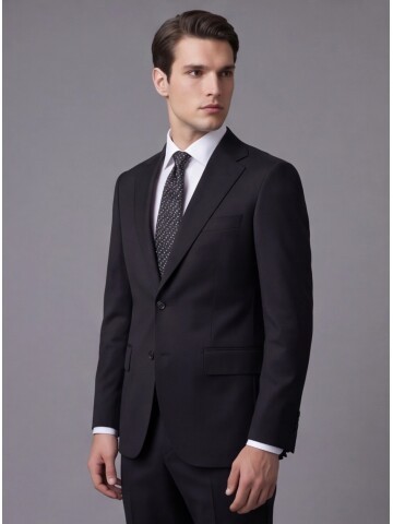 Siyah Yünlü Mono Yaka Comfort Fit Takım Elbise