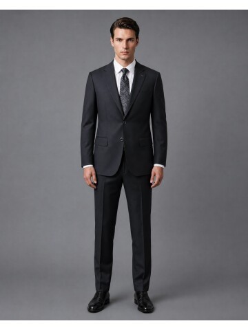 Black Wool Regular Fit 2-Button Suit with Notch Lapel