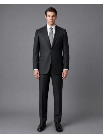 Black Wool Regular Fit 2-Button Suit with Notch Lapel