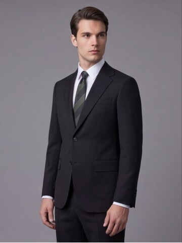 Siyah Yünlü Mono Yaka Regular Fit Takım Elbise