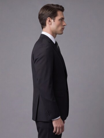 Siyah Yünlü Mono Yaka Regular Fit Takım Elbise