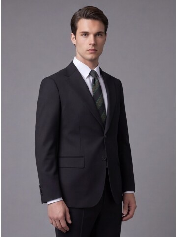 Siyah Yünlü Mono Yaka Regular Fit Takım Elbise