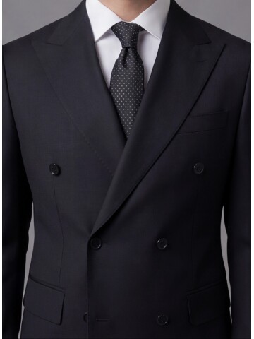 Siyah Yünlü Sivri Yaka Kruvaze Comfort Fit Takım Elbise