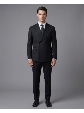 Siyah Yünlü Sivri Yaka Kruvaze Comfort Fit Takım Elbise