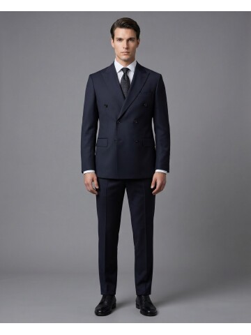 Siyah Yünlü Sivri Yaka Kruvaze Regular Fit 6 Düğme Takım Elbise