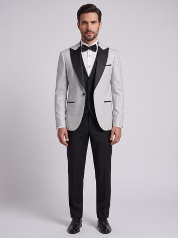 Grey Pointed-Collar Grooms Suit