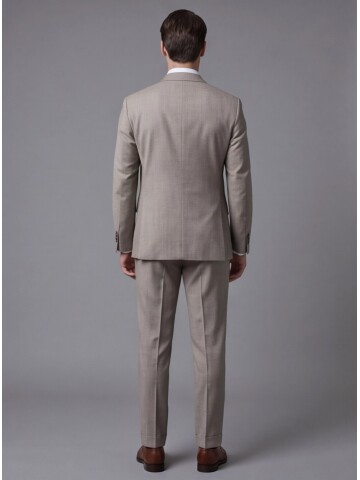 Taş Rengi Çizgili Yünlü Mono Yaka Regular Fit Takım Elbise