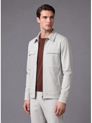 Stone Grey Comfort Fit Zippered Safari Suit with Utility Pockets