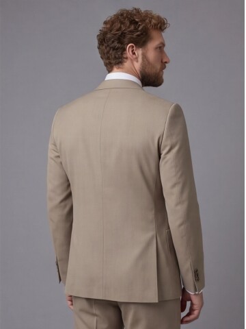 Taş Rengi Sivri Yaka Slim Fit 2 Düğme Torba Cep Takım Elbise