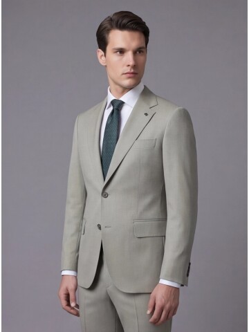 Taş Rengi Yünlü Mono Yaka Comfort Fit Takım Elbise