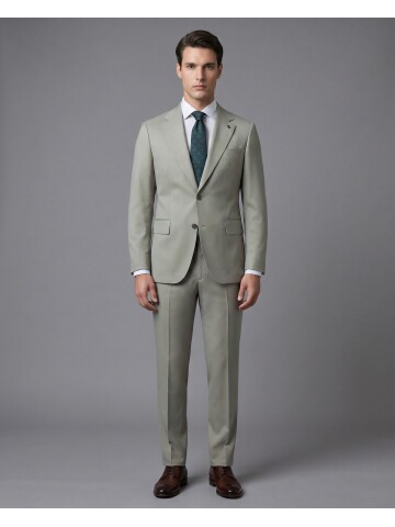 Taş Rengi Yünlü Mono Yaka Comfort Fit Takım Elbise