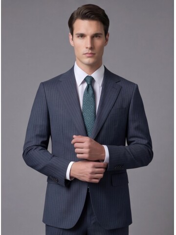 Yeşil Çizgili Yünlü Mono Yaka Regular Fit Takım Elbise