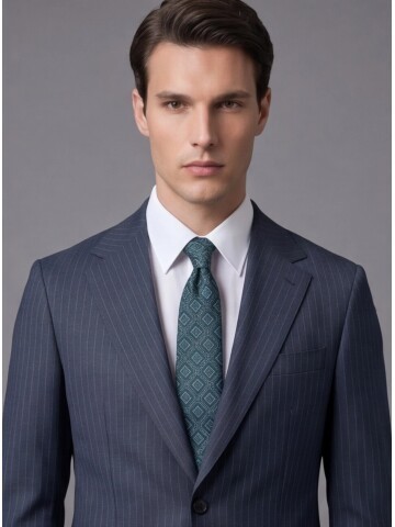 Yeşil Çizgili Yünlü Mono Yaka Regular Fit Takım Elbise