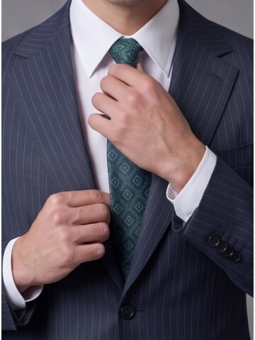 Yeşil Çizgili Yünlü Mono Yaka Regular Fit Takım Elbise