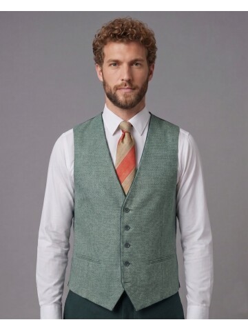 Yeşil Sivri Yaka Çift Düğmeli Slim Fit Yelekli Takım Elbise