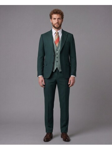 Yeşil Sivri Yaka Çift Düğmeli Slim Fit Yelekli Takım Elbise