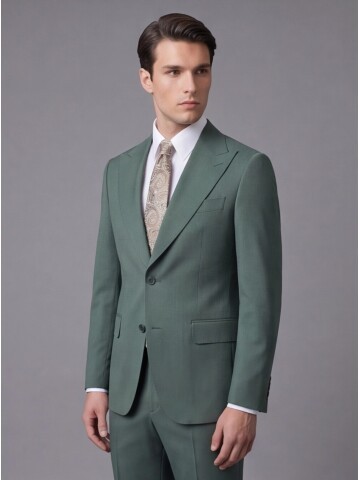 Yeşil Yünlü Sivri Yaka Comfort Fit Takım Elbise