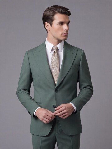 Yeşil Yünlü Sivri Yaka Comfort Fit Takım Elbise